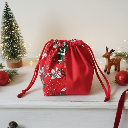 Petit sac pochon de noël à lien coulissant rouge et bleu