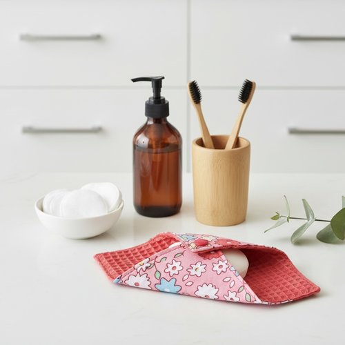 Pochette à savon tissus corail et motifs fleurs