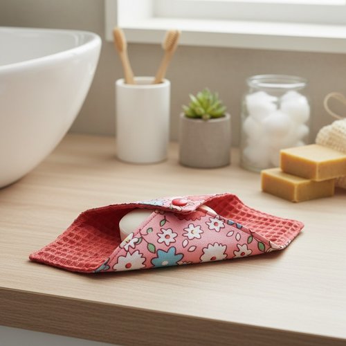 Pochette à savon tissus corail et motifs fleurs