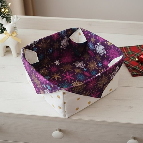 Panier/corbeille tissu motif noël violet et beige