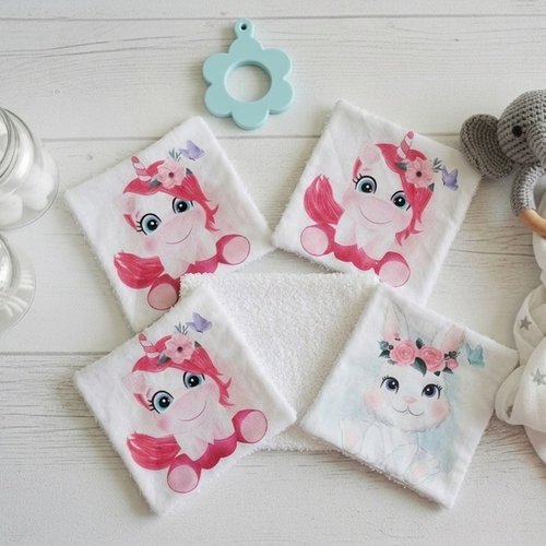 Lot de 4 lingettes bébé coton imprimé animaux