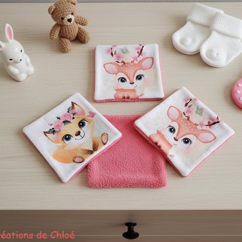 Lot de 4 lingettes bébé coton imprimé animaux