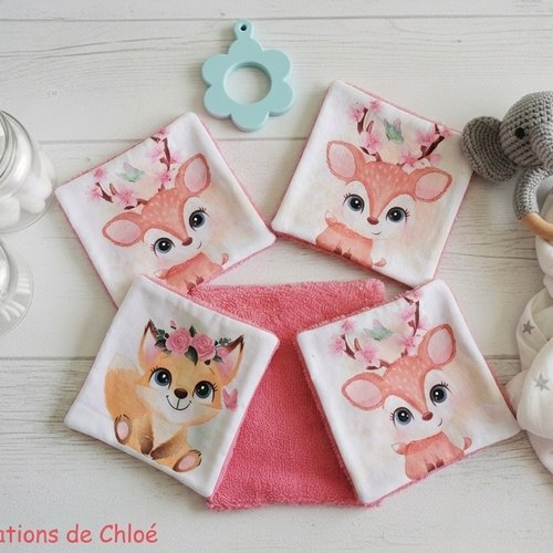Lot de 4 lingettes bébé coton imprimé animaux