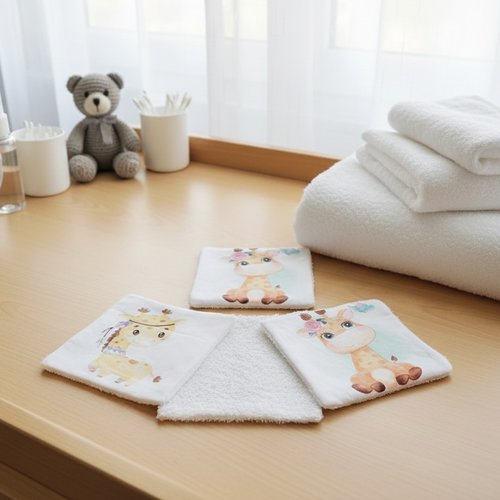Lot de 4 lingettes bébé coton imprimé animaux
