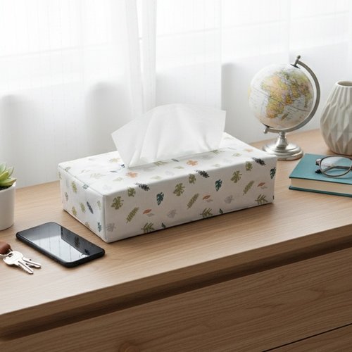Housse pour boite à mouchoirs blanc motifs feuilles