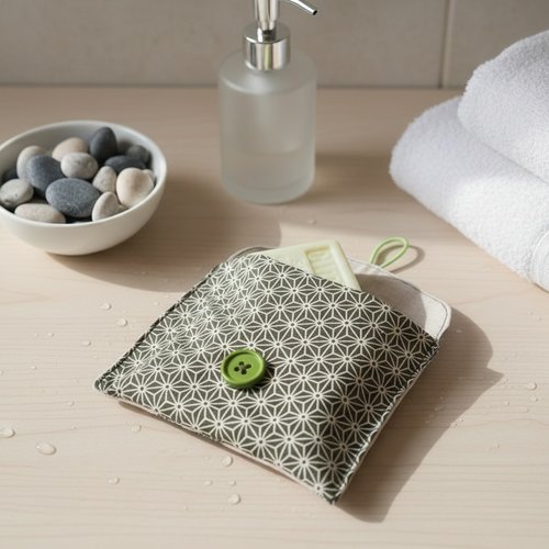 Pochette à savon tissus coton imprimé et enduit beige