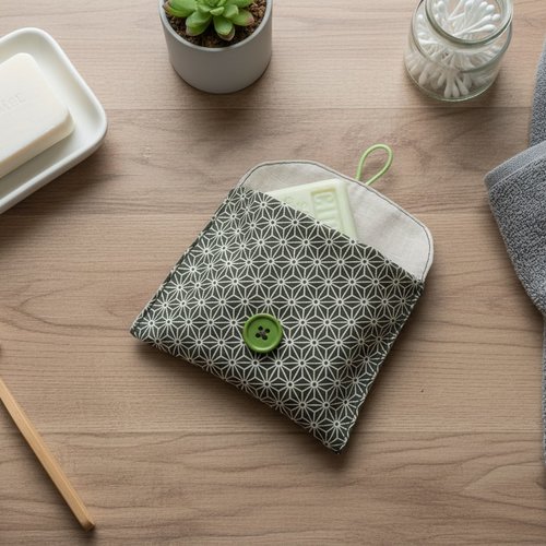 Pochette à savon tissus coton imprimé et enduit beige