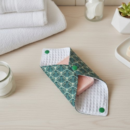 Pochette à savon tissus imprimé et doublée nid d'abeilles