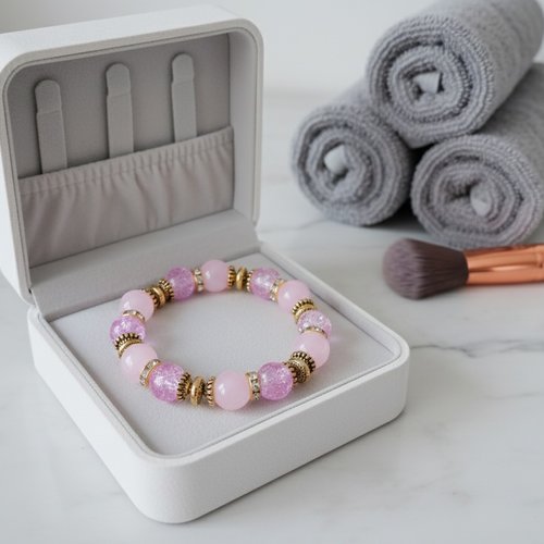 Bracelet fil élastique perles imitation jade et craquelé rose
