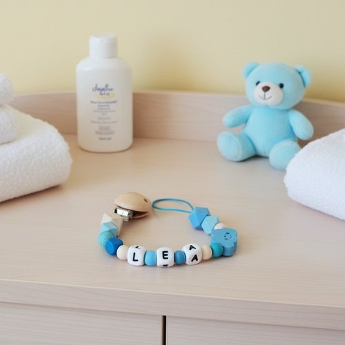 Attache tétine personnalisée perles bois et silicone