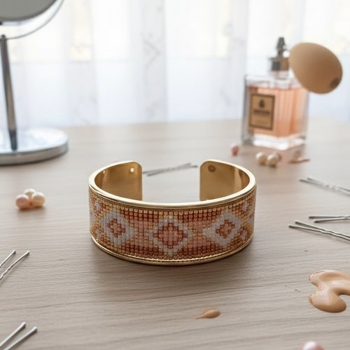Bracelet jonc perles miyuki beige, doré et blanche