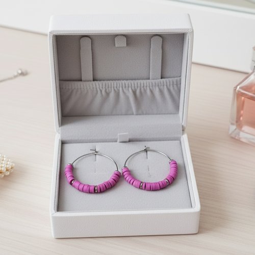Boucles d'oreilles créoles acier inoxydable et perles heishi