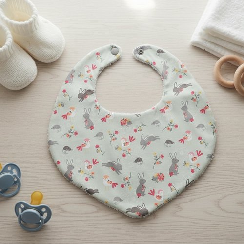 Bavoir bébé coton vert et motifs lapins
