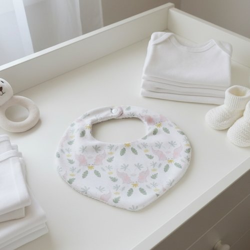 Bavoir bébé coton motif éléphants roses et éponge blanche