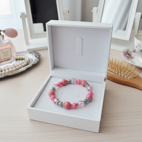 Bracelet fil élastique perles verre laqué et jade saumon