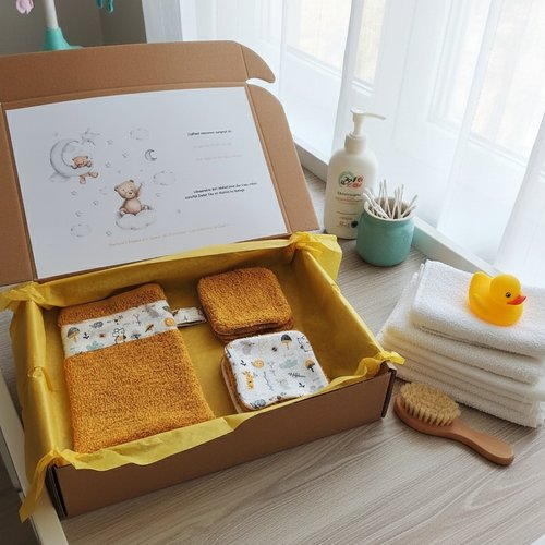 Box naissance gant et lingettes tissu coton et éponge