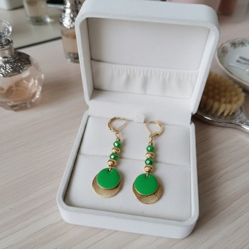 Boucles d'oreilles acier inoxydable doré et sequin émail vert
