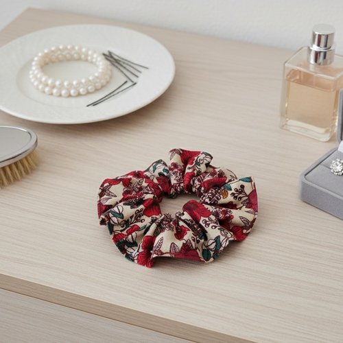Chouchou coton beige à fleurs rouges