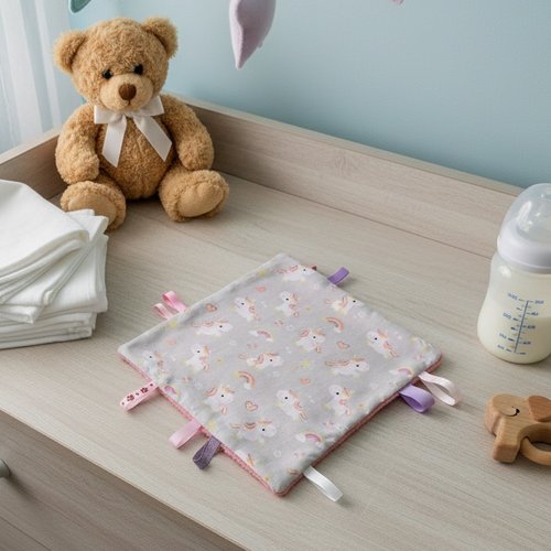 Doudou plat carré coton motifs licornes