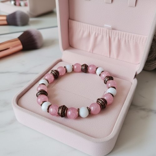 Bracelet fil élastique perles en verre blanche et vieux rose