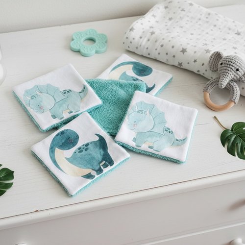 Lot de 4 lingettes bébé coton imprimé animaux