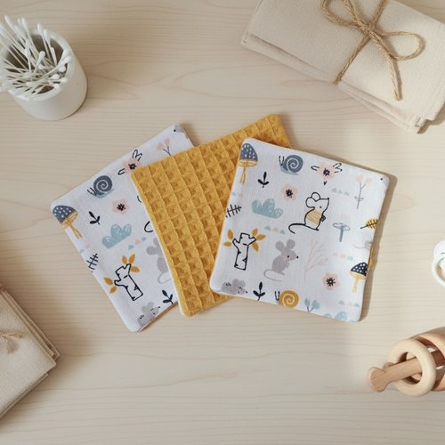 Lot de 6 lingettes bébé coton et nid d'abeilles moutarde