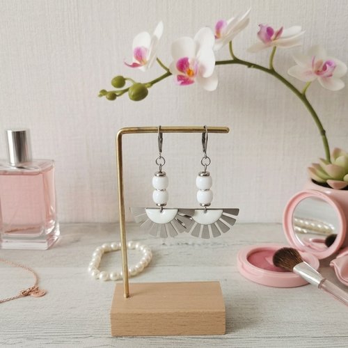 Boucles d'oreilles acier inoxydable et sequin émail blanc