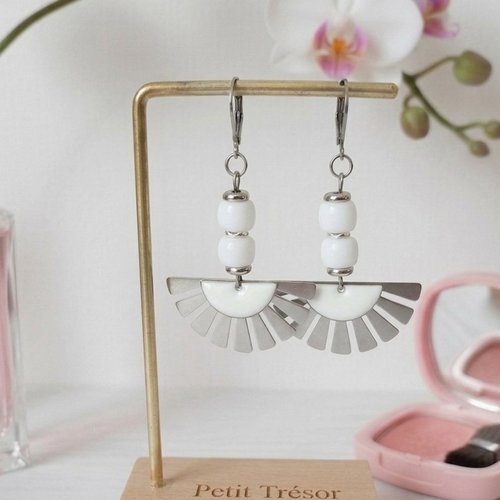 Boucles d'oreilles acier inoxydable et sequin émail blanc