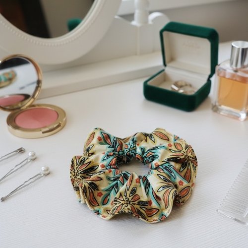 Chouchou coton jaune motifs fleurs