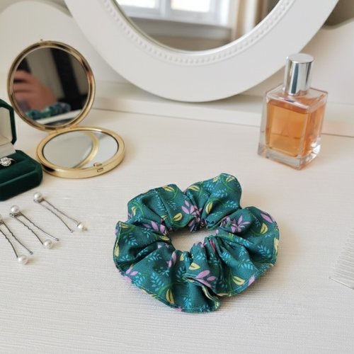 Chouchou coton turquoise motifs fleurs