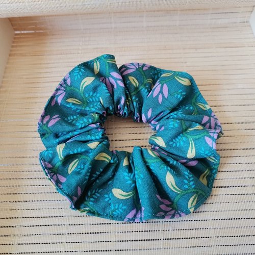 Chouchou coton turquoise motifs fleurs