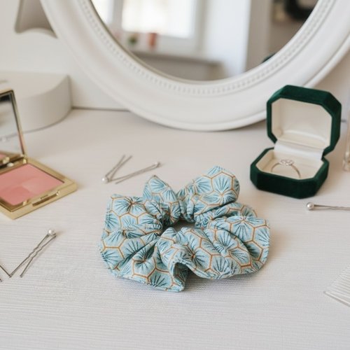 Chouchou coton vert motifs géométriques