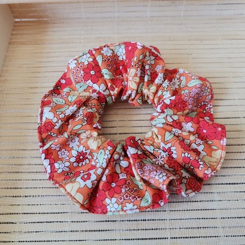 Chouchou coton rouge motifs fleurs