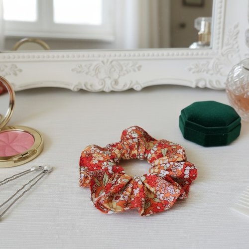Chouchou coton rouge motifs fleurs