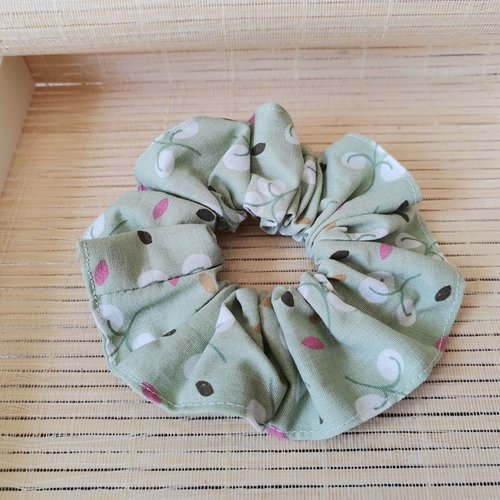 Chouchou coton vert motifs fleurs