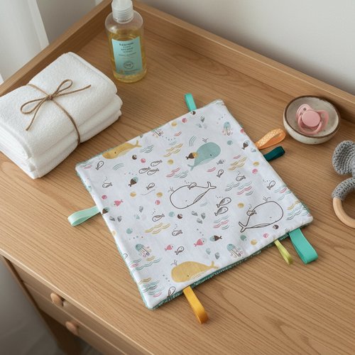 Doudou plat carré coton motifs baleines