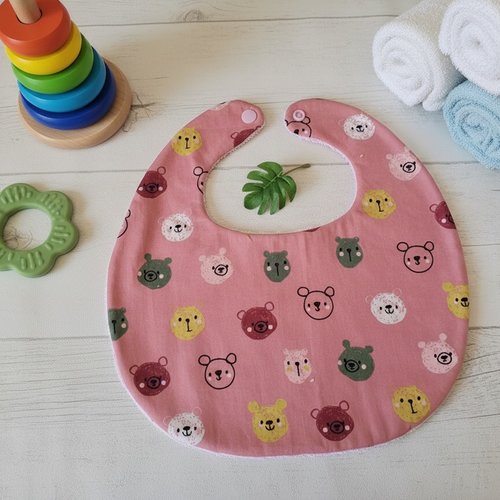 Bavoir bébé coton rose et motif animaux