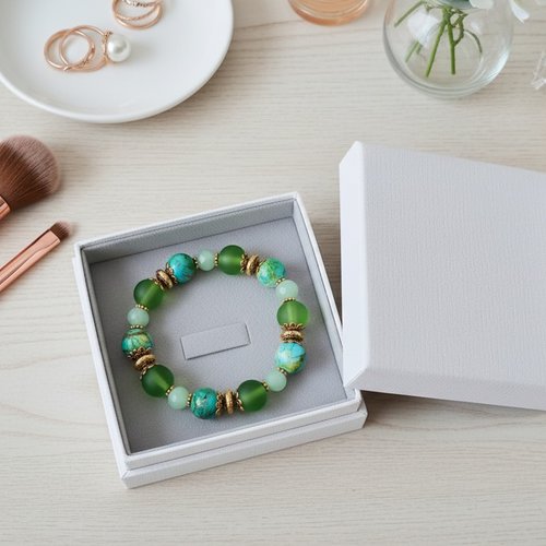 Bracelet fil élastique perles en verre vert et tréfilé