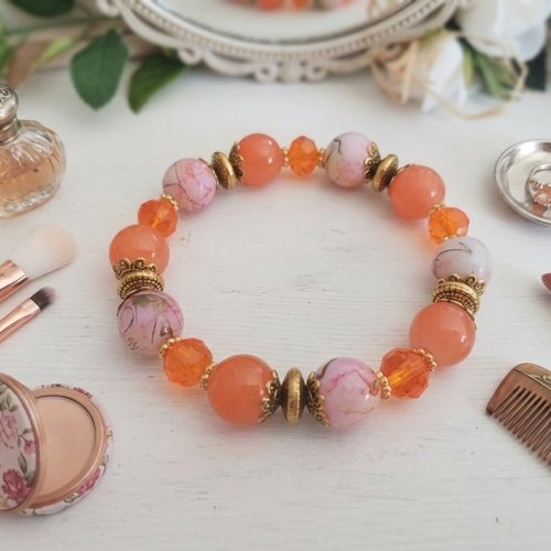 Bracelet fil élastique perles en verre orange et tréfilé