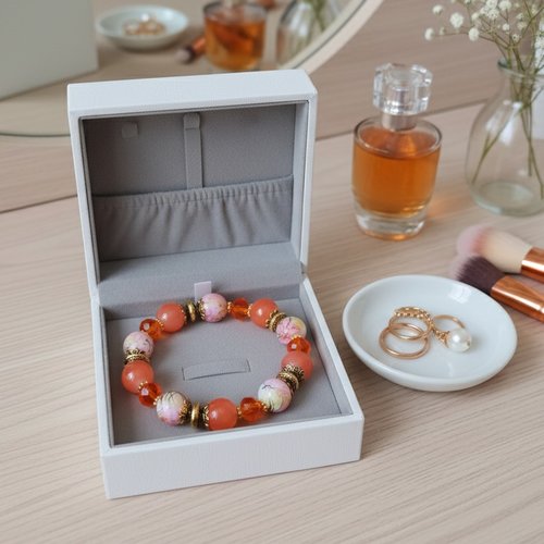 Bracelet fil élastique perles en verre orange et tréfilé