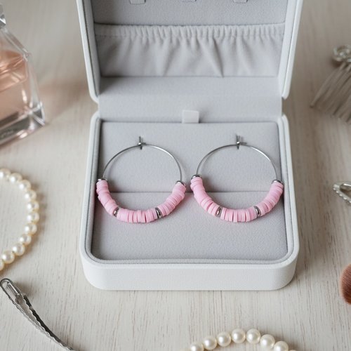 Boucles d'oreilles créoles acier inoxydable et perles heishi