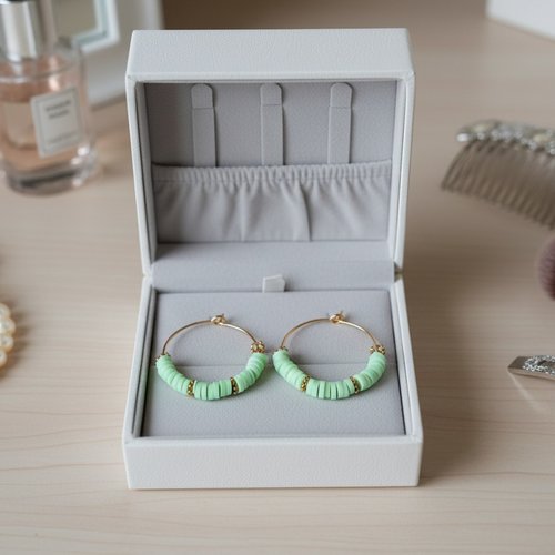 Boucles d'oreilles créoles dorées acier inoxydable et perles heishi