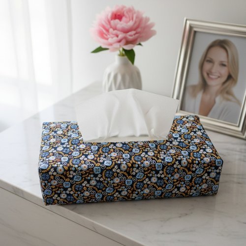 Housse pour boite à mouchoirs bleu marine et orange