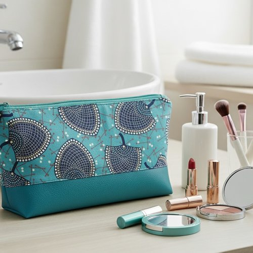 Trousse de toilette femme tissu imprimé et simili cuir bleu canard