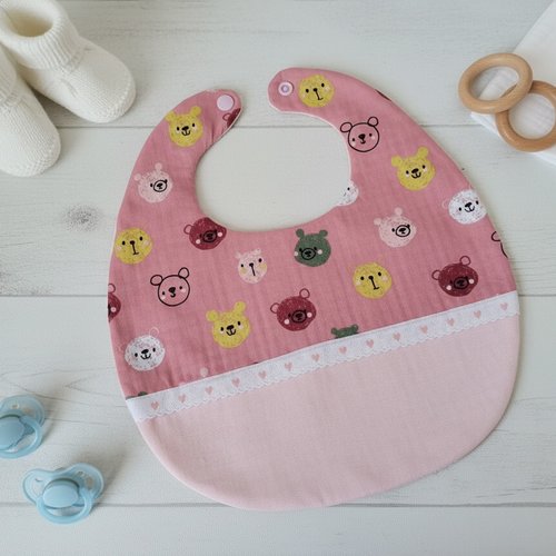 Bavoir bébé coton et imprimé avec dentelle