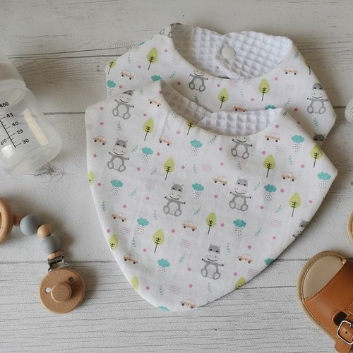 Lot de 2 bavoirs bébé coton blanc et nid d'abeilles