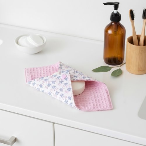 Pochette à savon tissus rose et motifs fleurs mauves