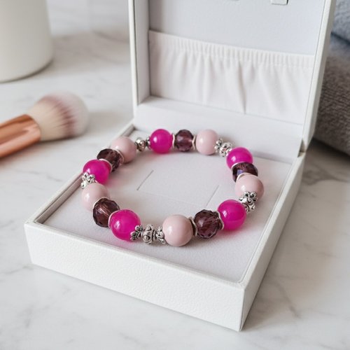 Bracelet fil élastique perles fuchsia et violette