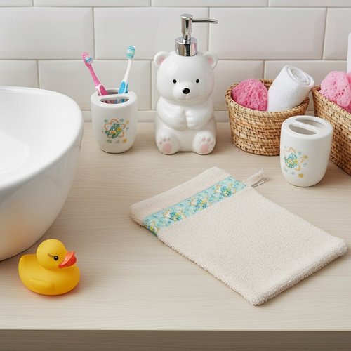 Gant de toilette bébé éponge beige motifs oursons