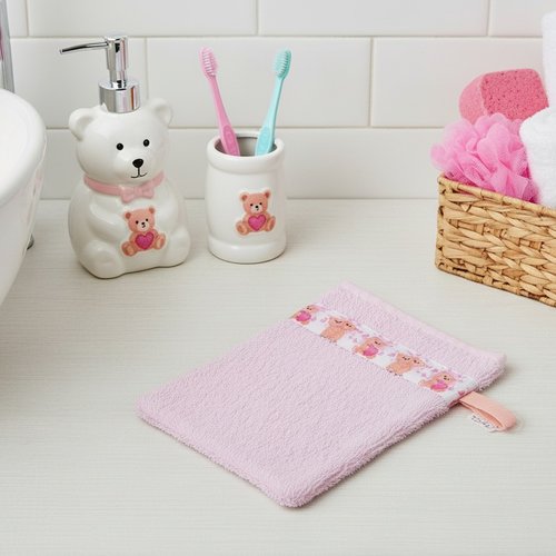 Gant de toilette bébé éponge rose motifs oursons